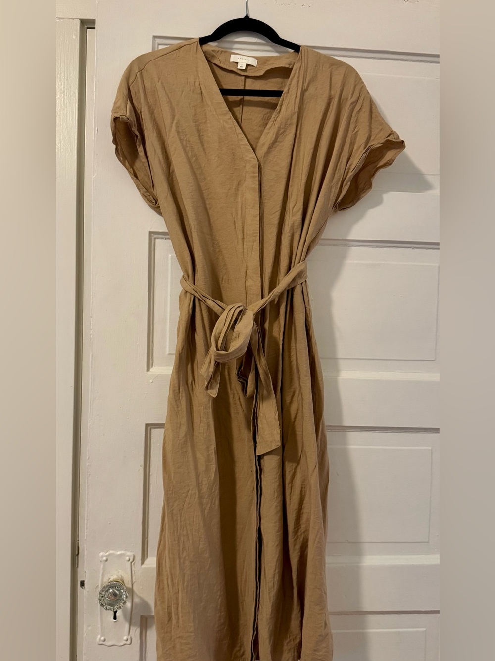 Tan Wrap Midi Dress with Tie Waist